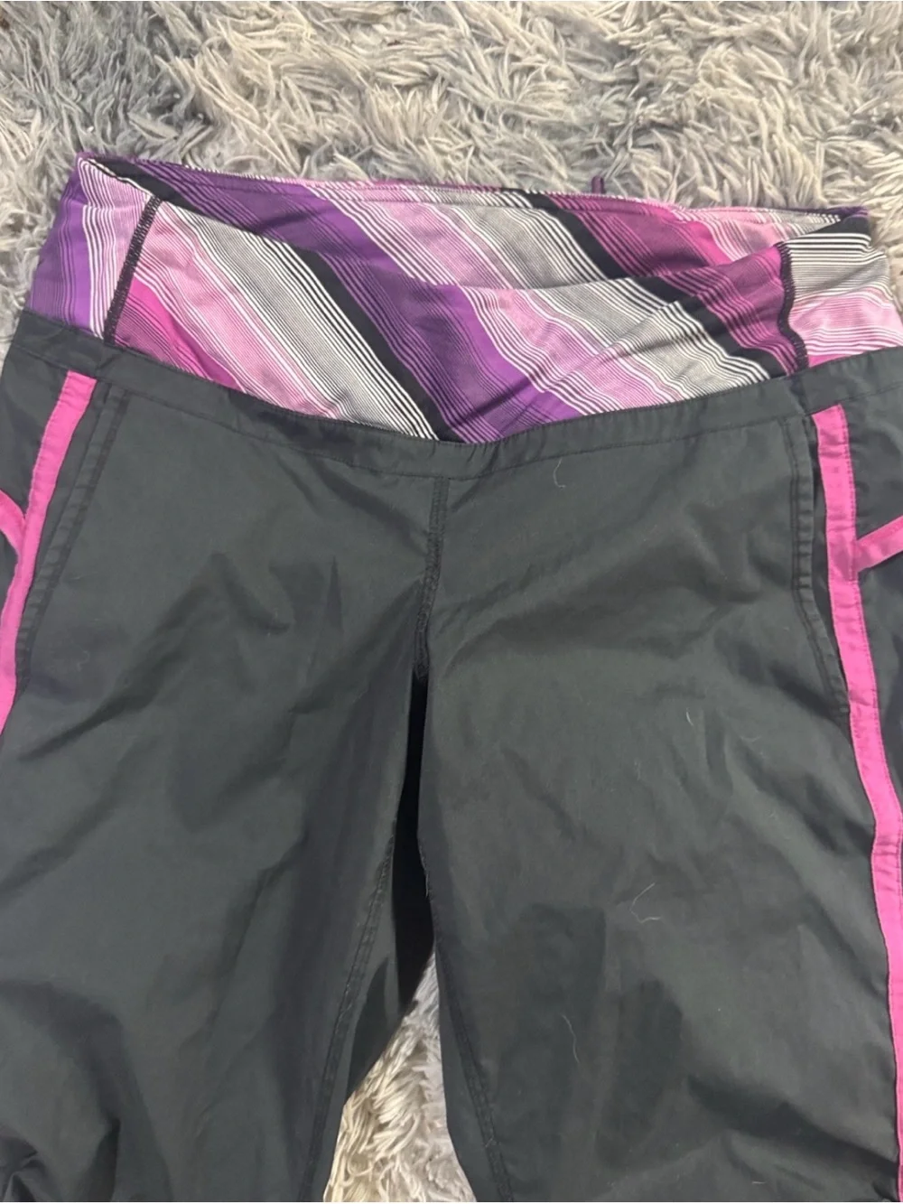lululemon athletica Black Pants with Pink Trim and Purple Patterned Waistband
